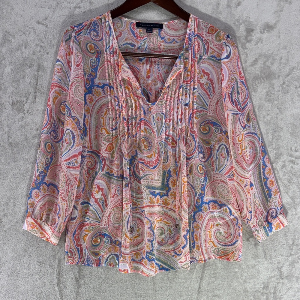 Tommy Hilfiger Colorful Paisley V-Neck Sheer Peasant Blouse with Pleats Size S - Picture 2 of 7